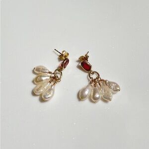 14K Solid Yellow Gold and Garnet Pearl Drip Earrings